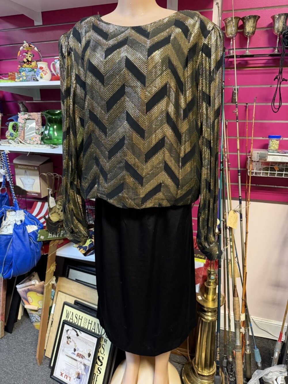 Vintage Claudia Cooper Size 18 Metallic Chevron Pattern Top with Skirt Set
